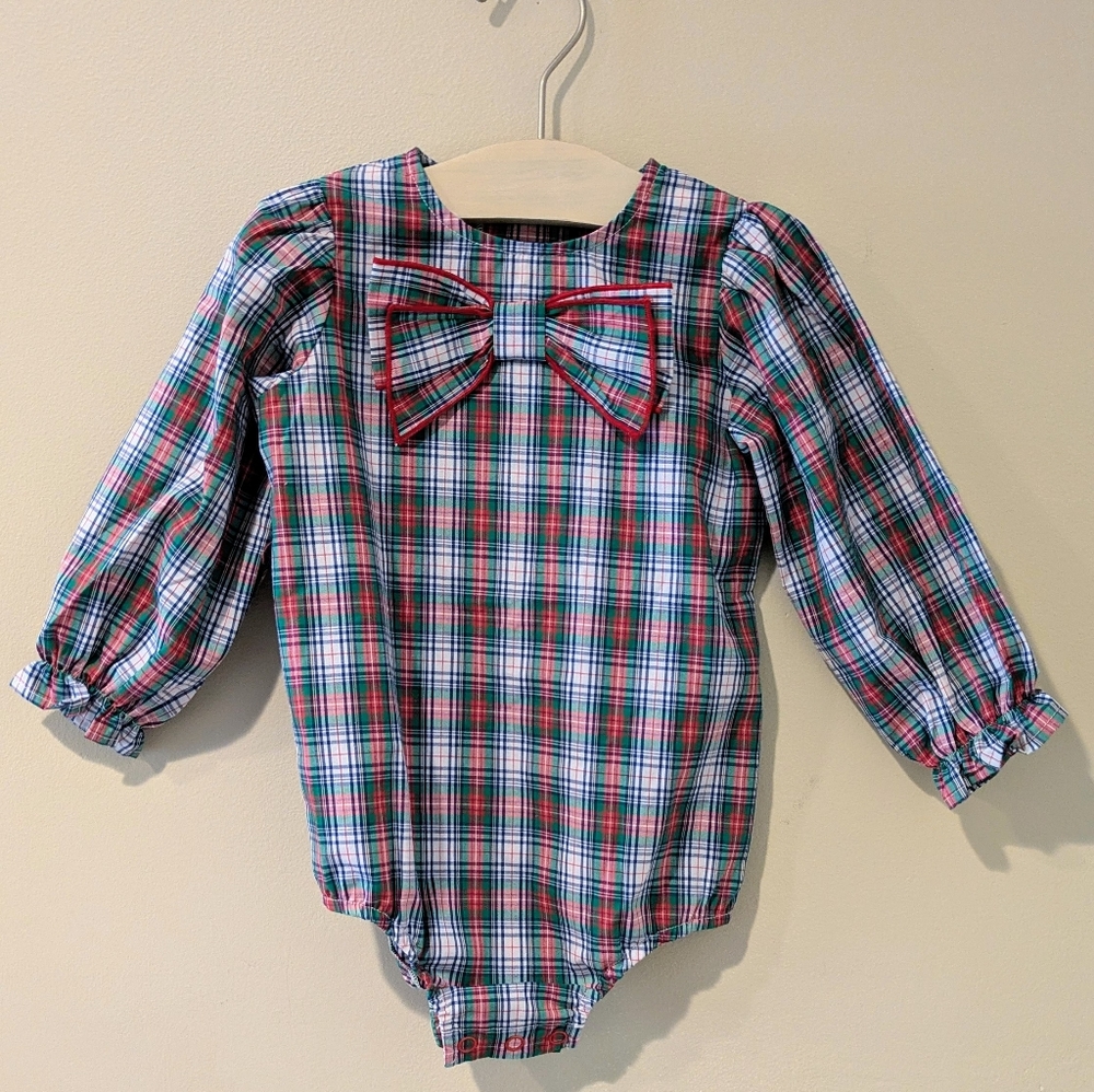 The Beaufort Bonnet Company Colorful Plaid Bow Romper ~ 12/18 Mo ~ Like New